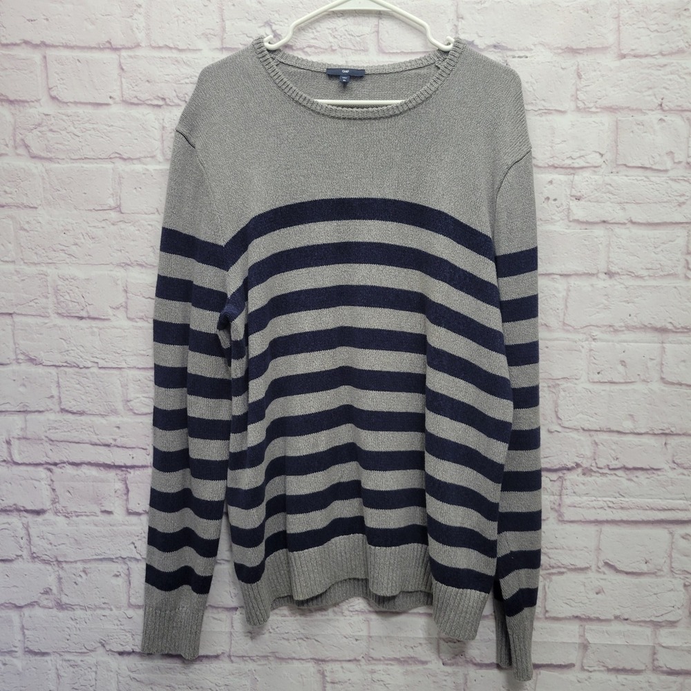 Gap Striped Pullover Sweater Sz XL Navy Gray Slim Fit Cotton Skater Preppy Retro